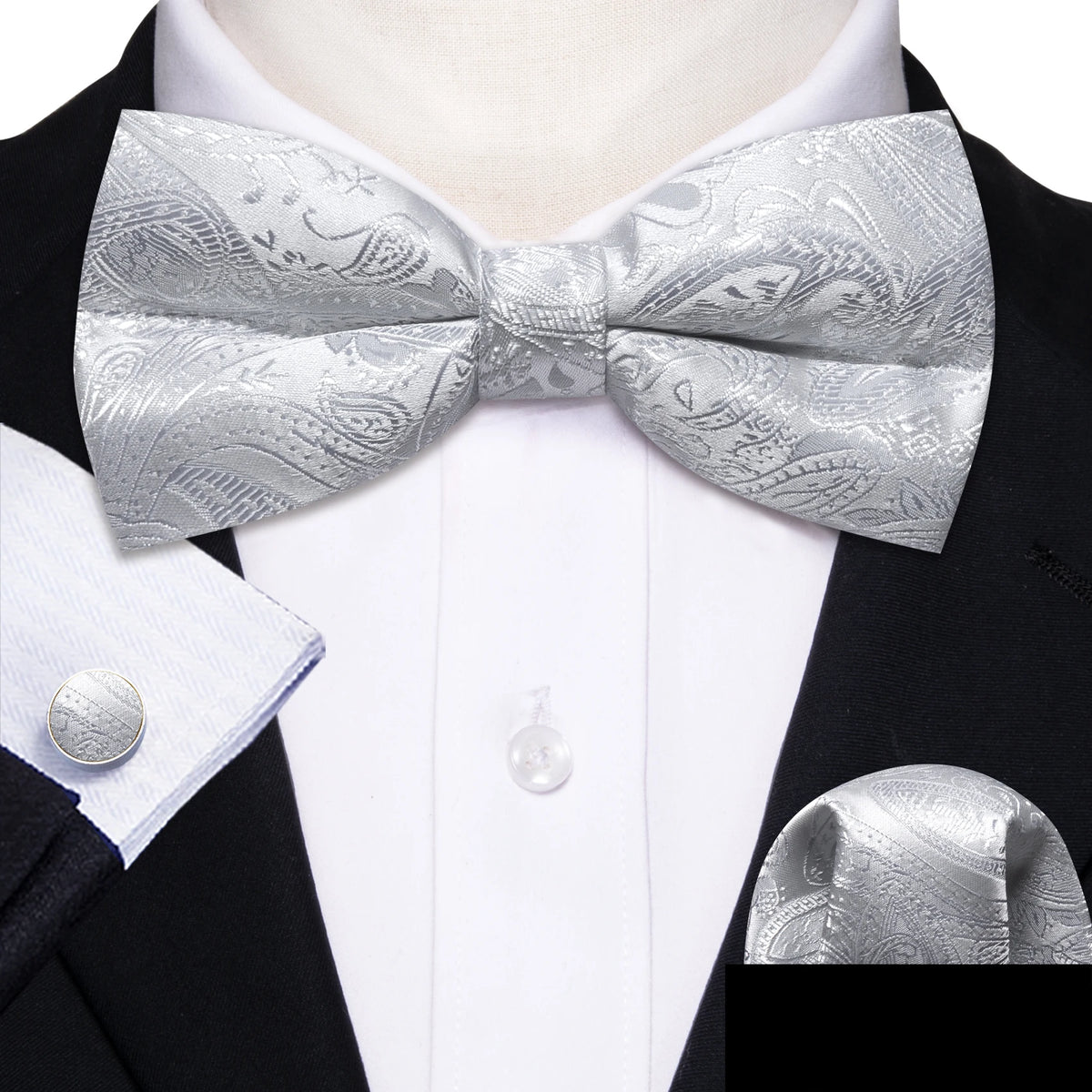 Formal Black Bow Tie Set with Pocket Square and Cufflinks