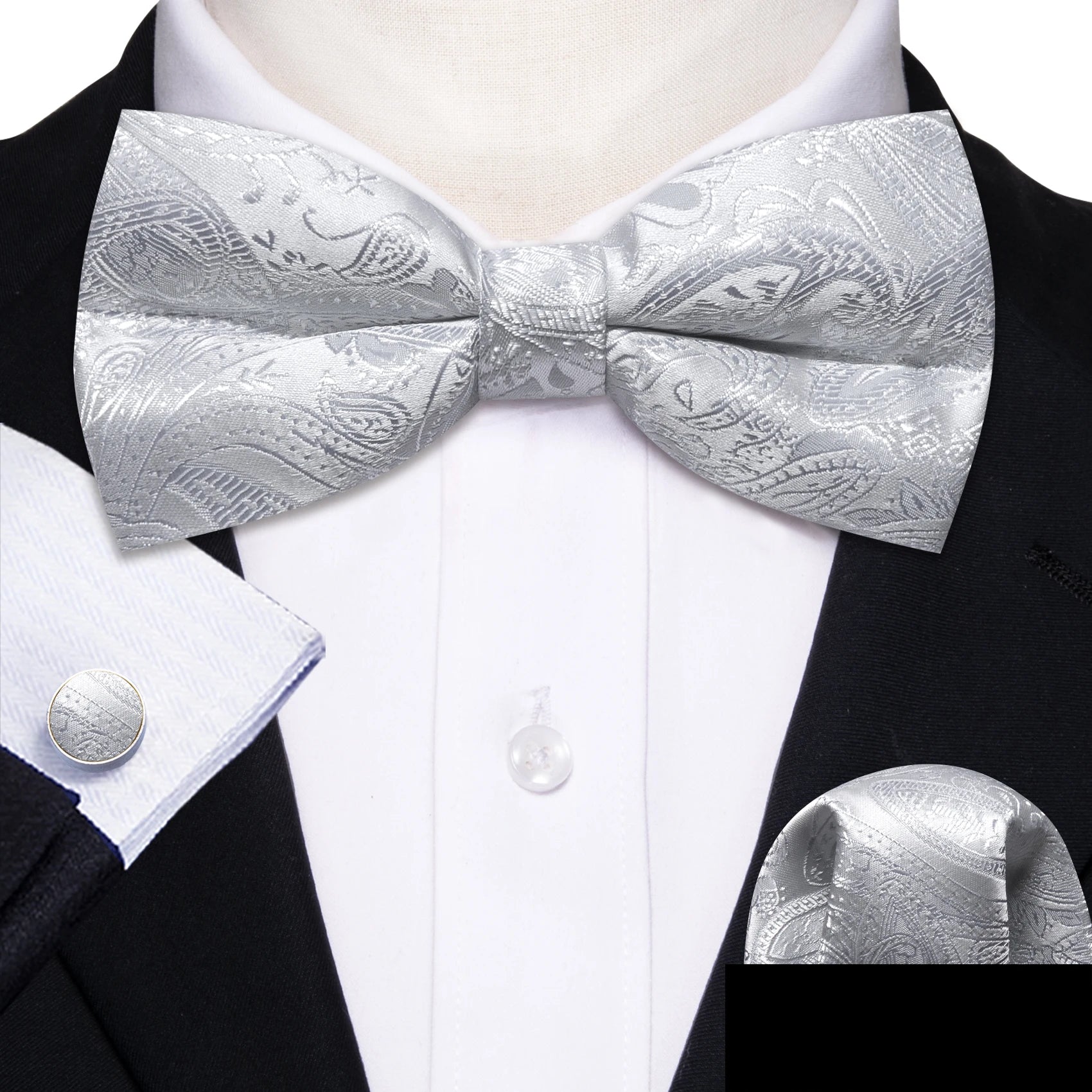 Formal Black Bow Tie Set with Pocket Square and Cufflinks