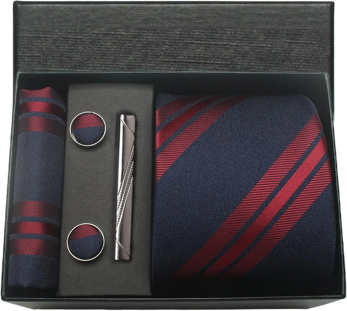 Classic Silk Tie Set with Pocket Square, Cufflinks and Tie Clip