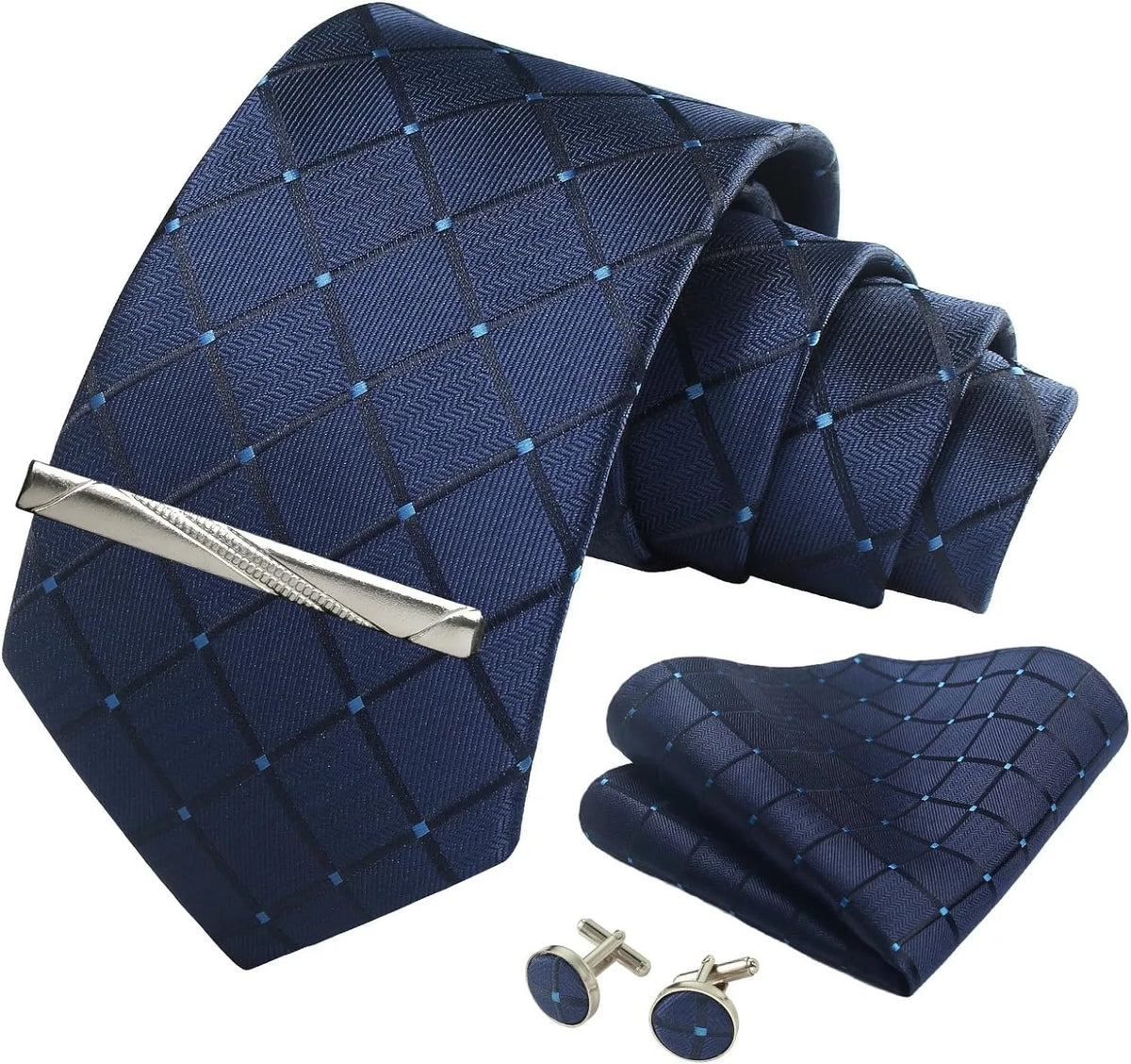 Classic Silk Tie Set with Pocket Square, Cufflinks and Tie Clip