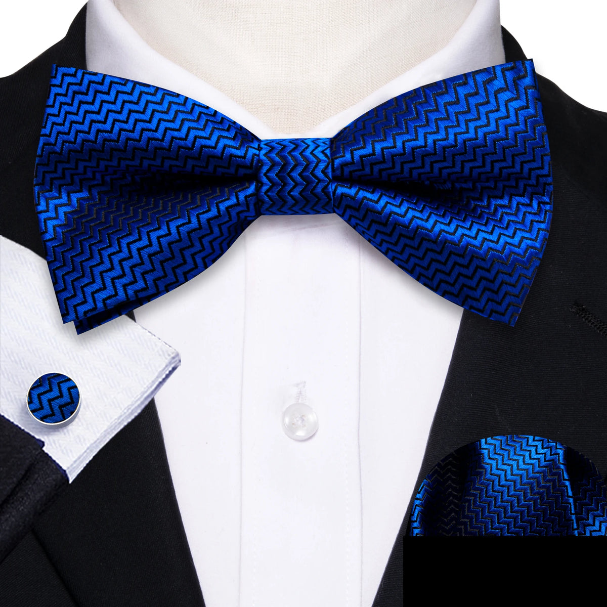 Formal Black Bow Tie Set with Pocket Square and Cufflinks
