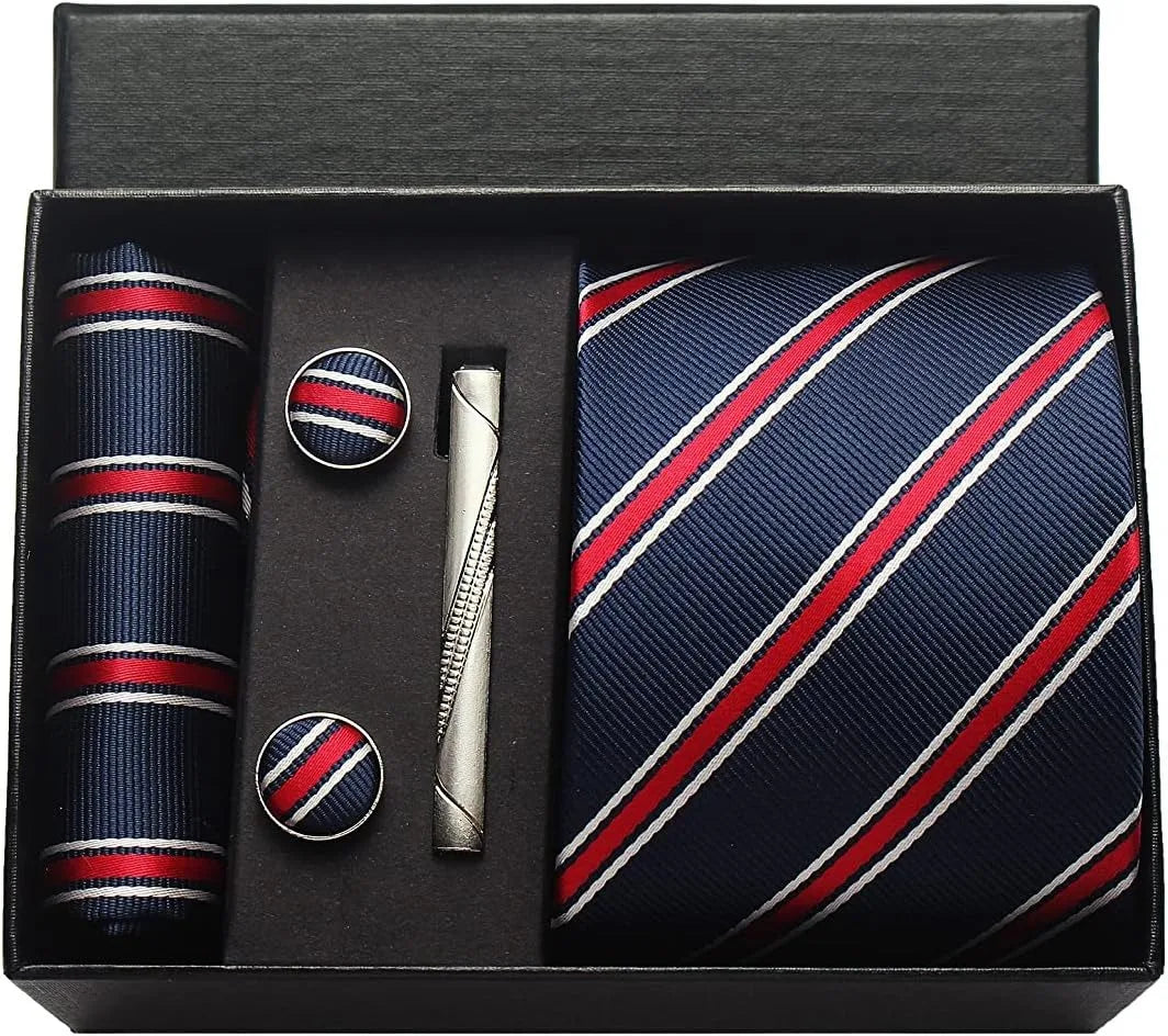 Classic Silk Tie Set with Pocket Square, Cufflinks and Tie Clip