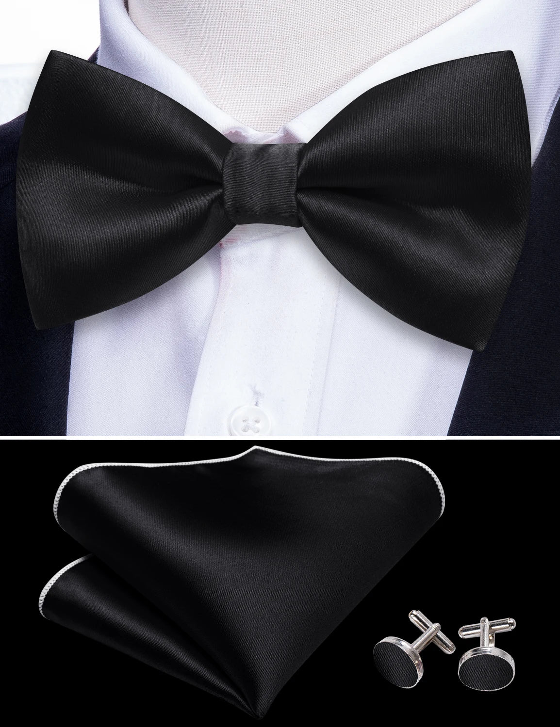 Formal Black Bow Tie Set with Pocket Square and Cufflinks