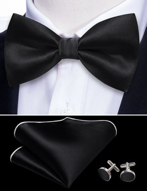 Formal Black Bow Tie Set with Pocket Square and Cufflinks