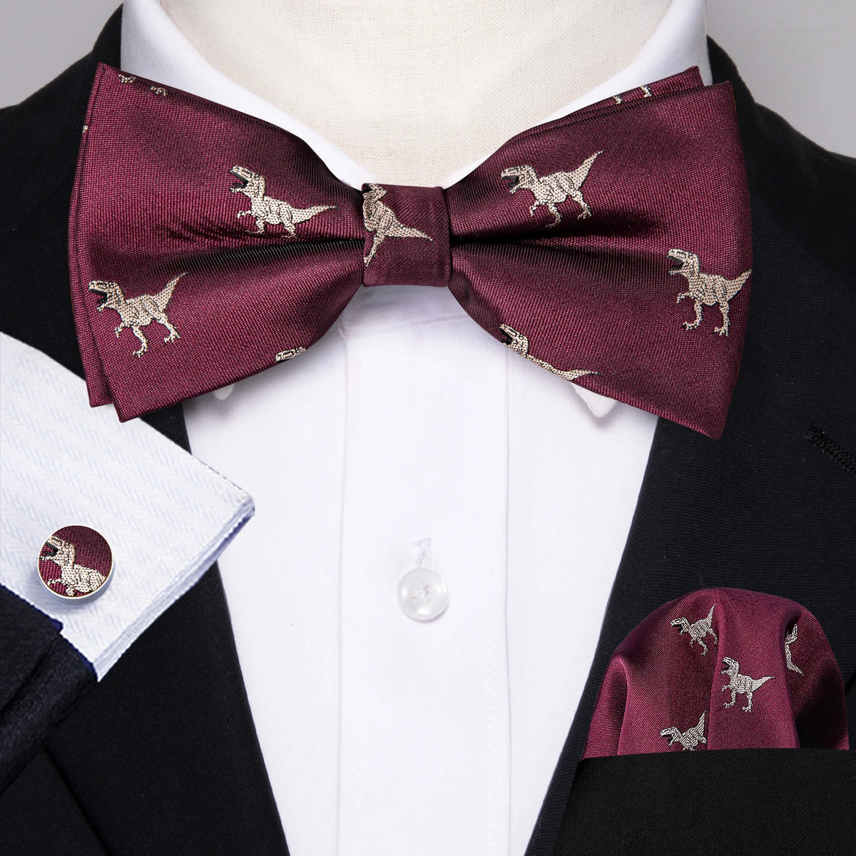 Formal Black Bow Tie Set with Pocket Square and Cufflinks
