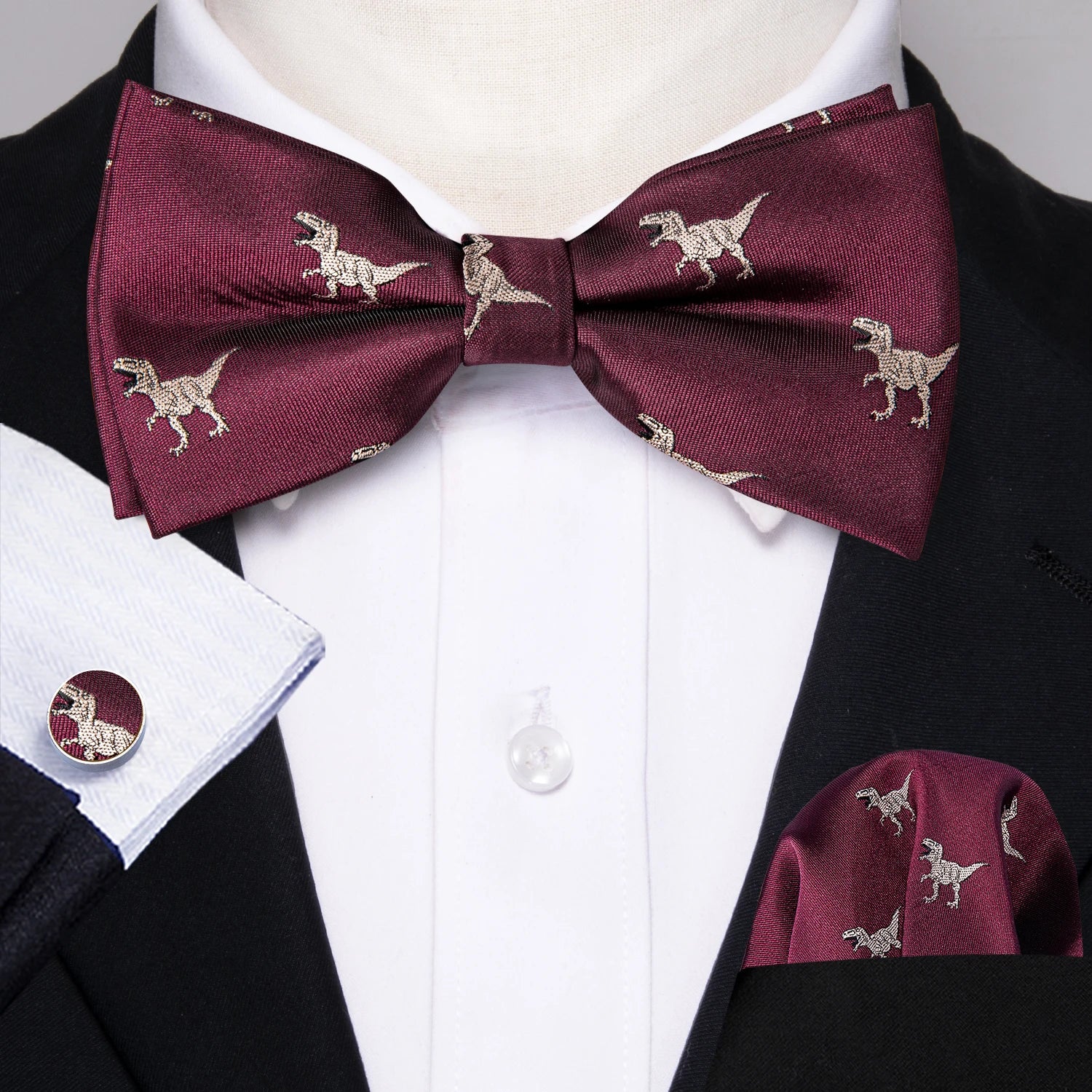 Formal Black Bow Tie Set with Pocket Square and Cufflinks