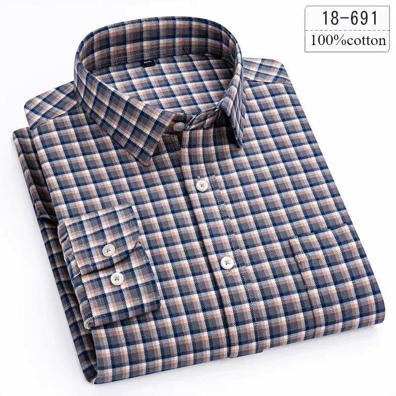 Luxury 100% Cotton Houndstooth Long-Sleeve Shirt for Men