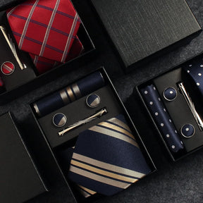Classic Silk Tie Set with Pocket Square, Cufflinks and Tie Clip