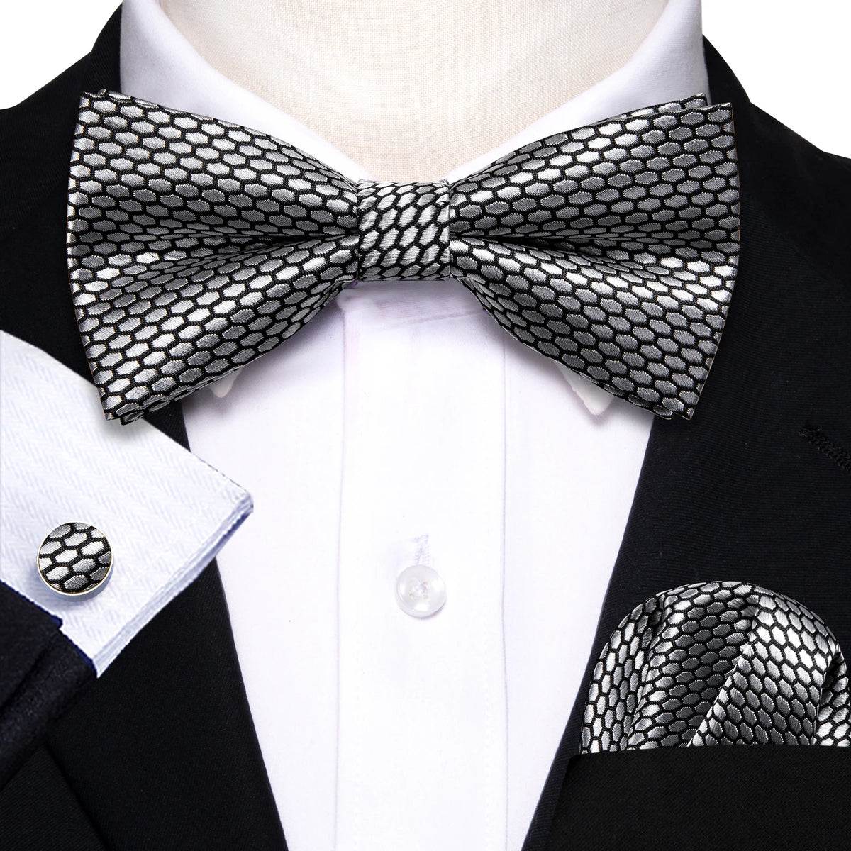 Formal Black Bow Tie Set with Pocket Square and Cufflinks