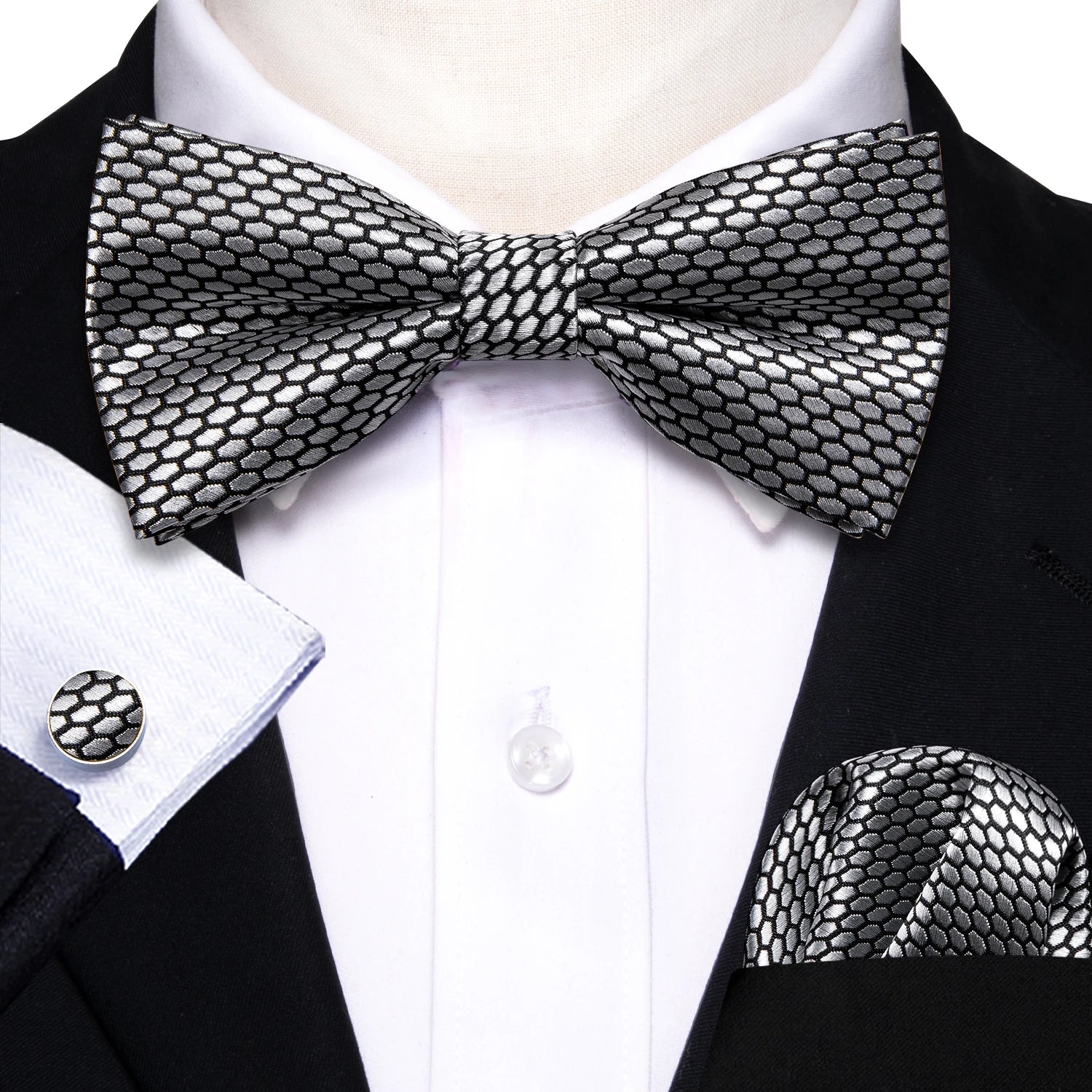 Formal Black Bow Tie Set with Pocket Square and Cufflinks