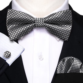 Formal Black Bow Tie Set with Pocket Square and Cufflinks