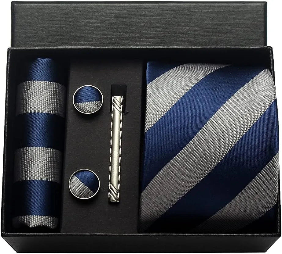 Classic Silk Tie Set with Pocket Square, Cufflinks and Tie Clip