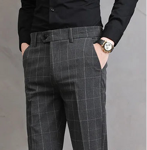 Men’s Slim Fit Formal Trousers with Fine Plaid Pattern for Summer