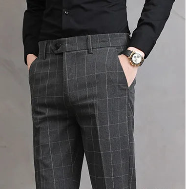 Men’s Slim Fit Formal Trousers with Fine Plaid Pattern for Summer