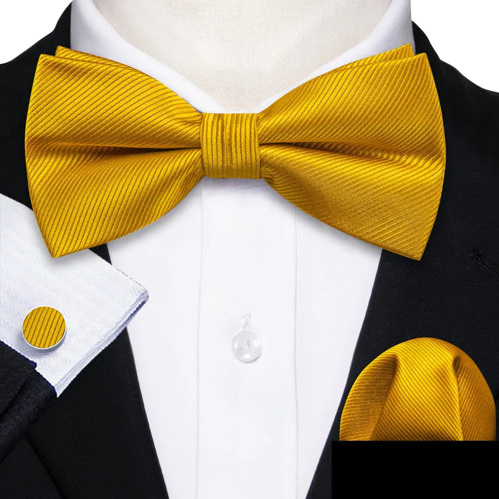 Formal Black Bow Tie Set with Pocket Square and Cufflinks