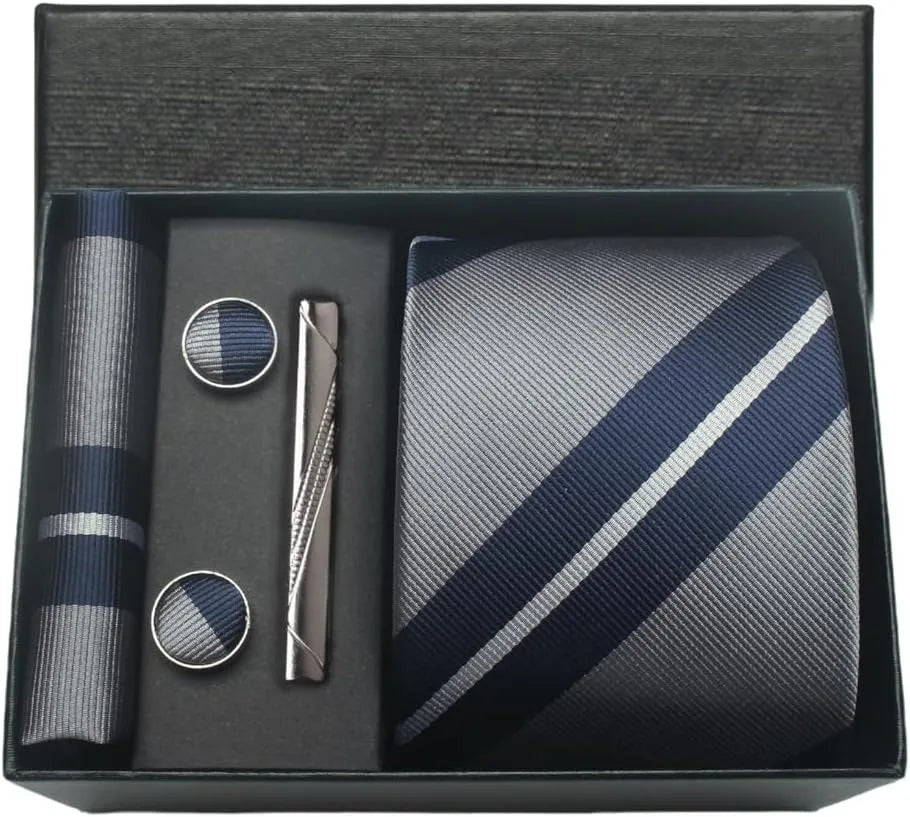 Classic Silk Tie Set with Pocket Square, Cufflinks and Tie Clip