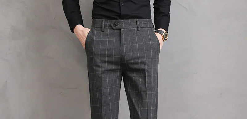 Men’s Slim Fit Formal Trousers with Fine Plaid Pattern for Summer