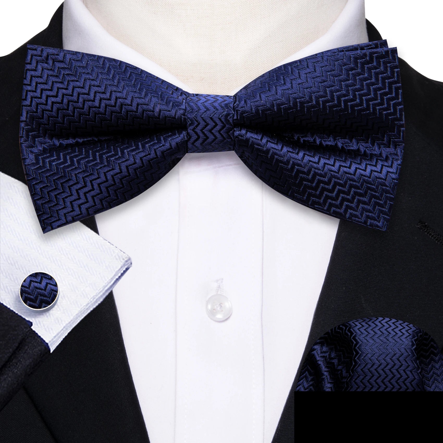 Formal Black Bow Tie Set with Pocket Square and Cufflinks