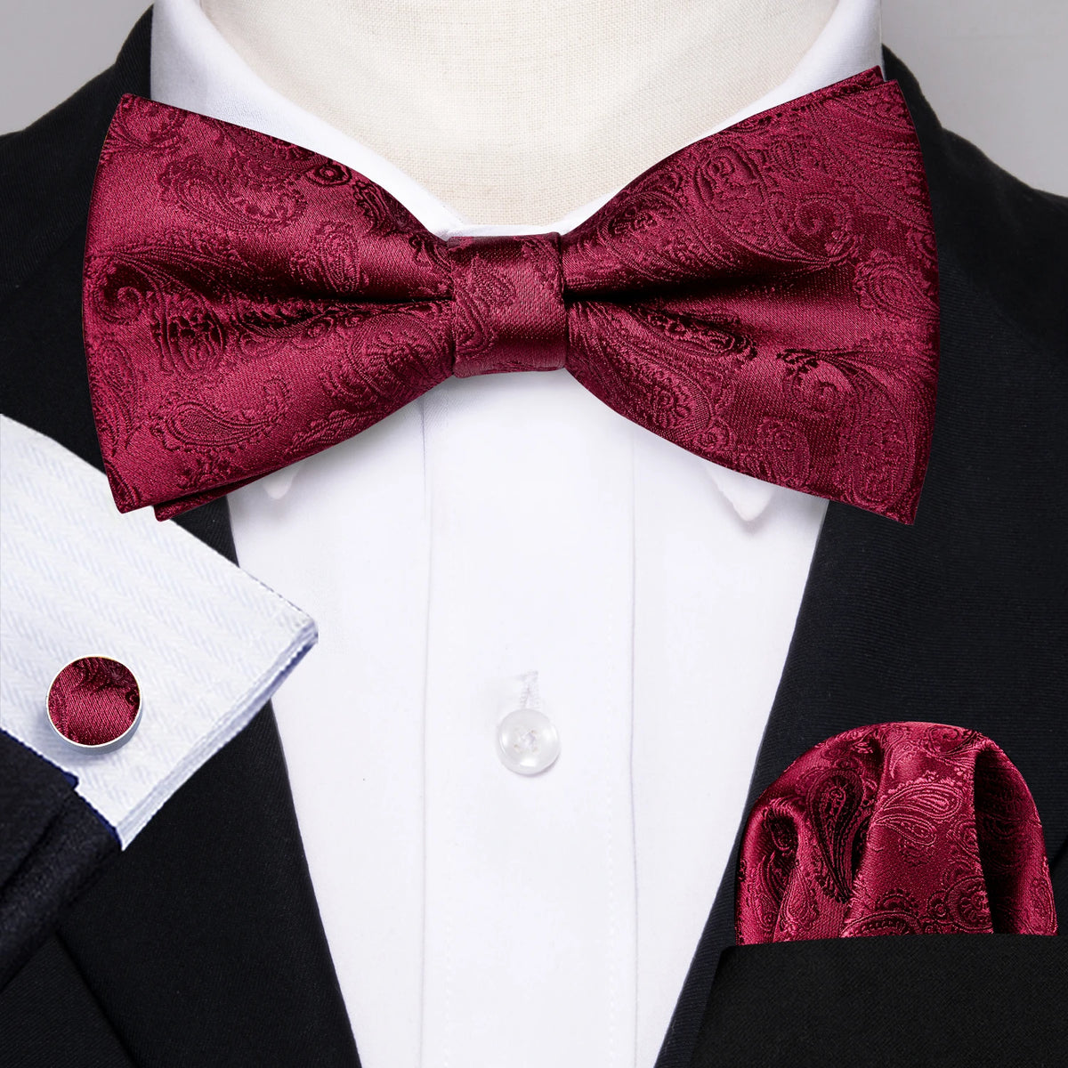 Formal Black Bow Tie Set with Pocket Square and Cufflinks
