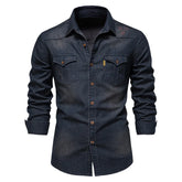 Men’s Spring Long Sleeve Denim Shirt – High-Quality Cotton, Slim Fit