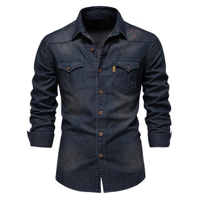 Men’s Spring Long Sleeve Denim Shirt – High-Quality Cotton, Slim Fit