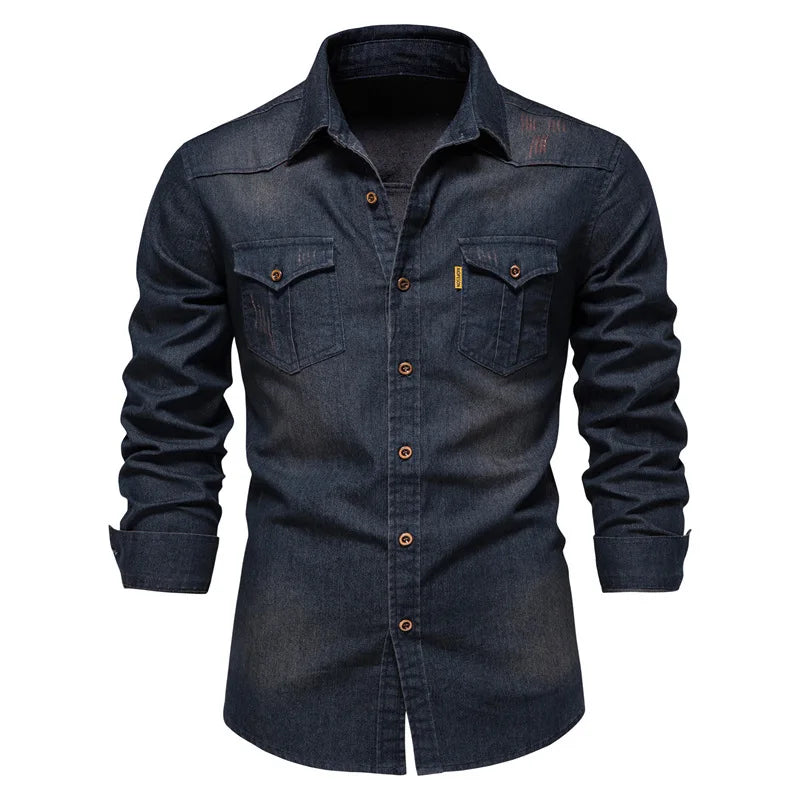 Men’s Spring Long Sleeve Denim Shirt – High-Quality Cotton, Slim Fit