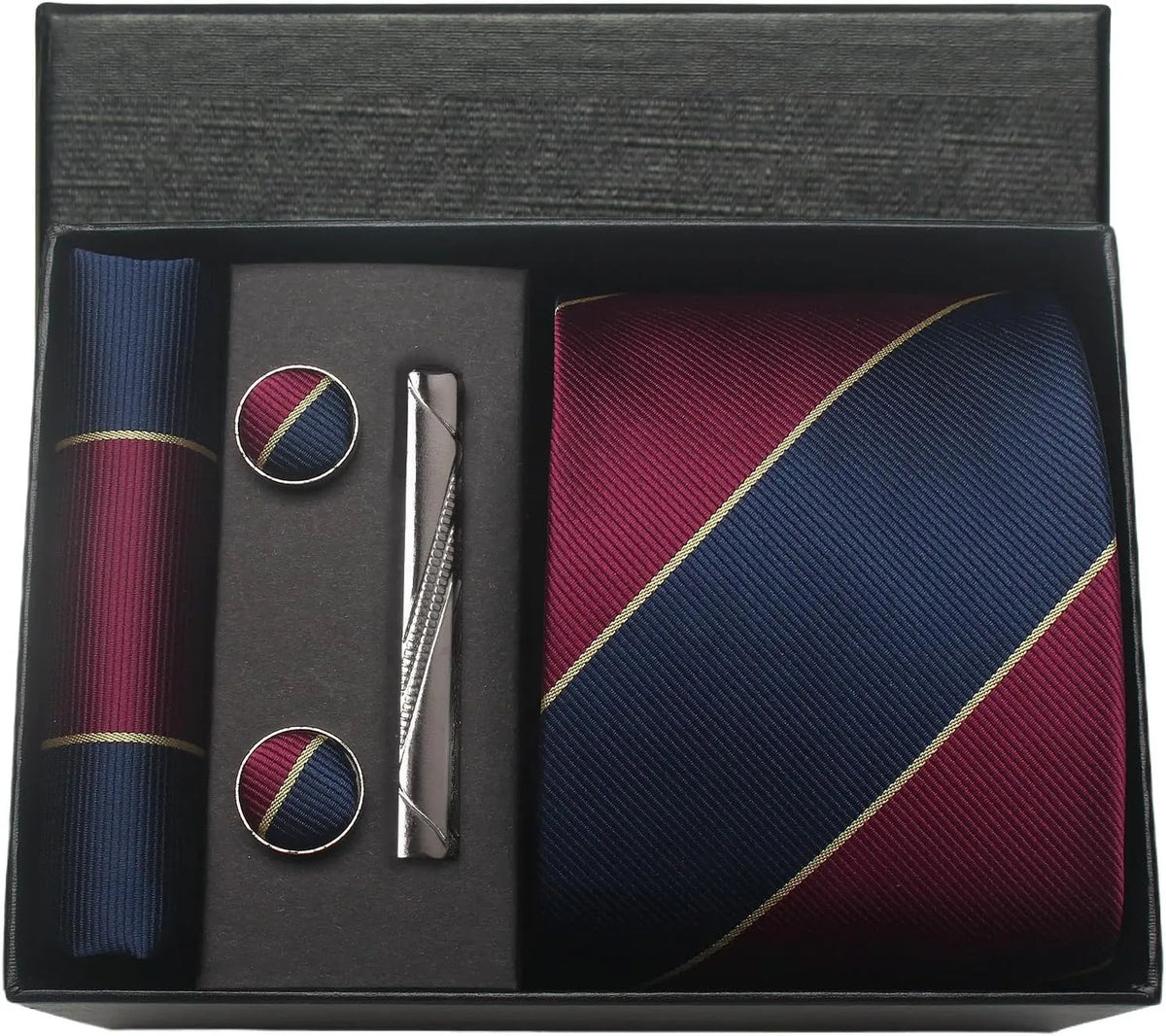 Classic Silk Tie Set with Pocket Square, Cufflinks and Tie Clip