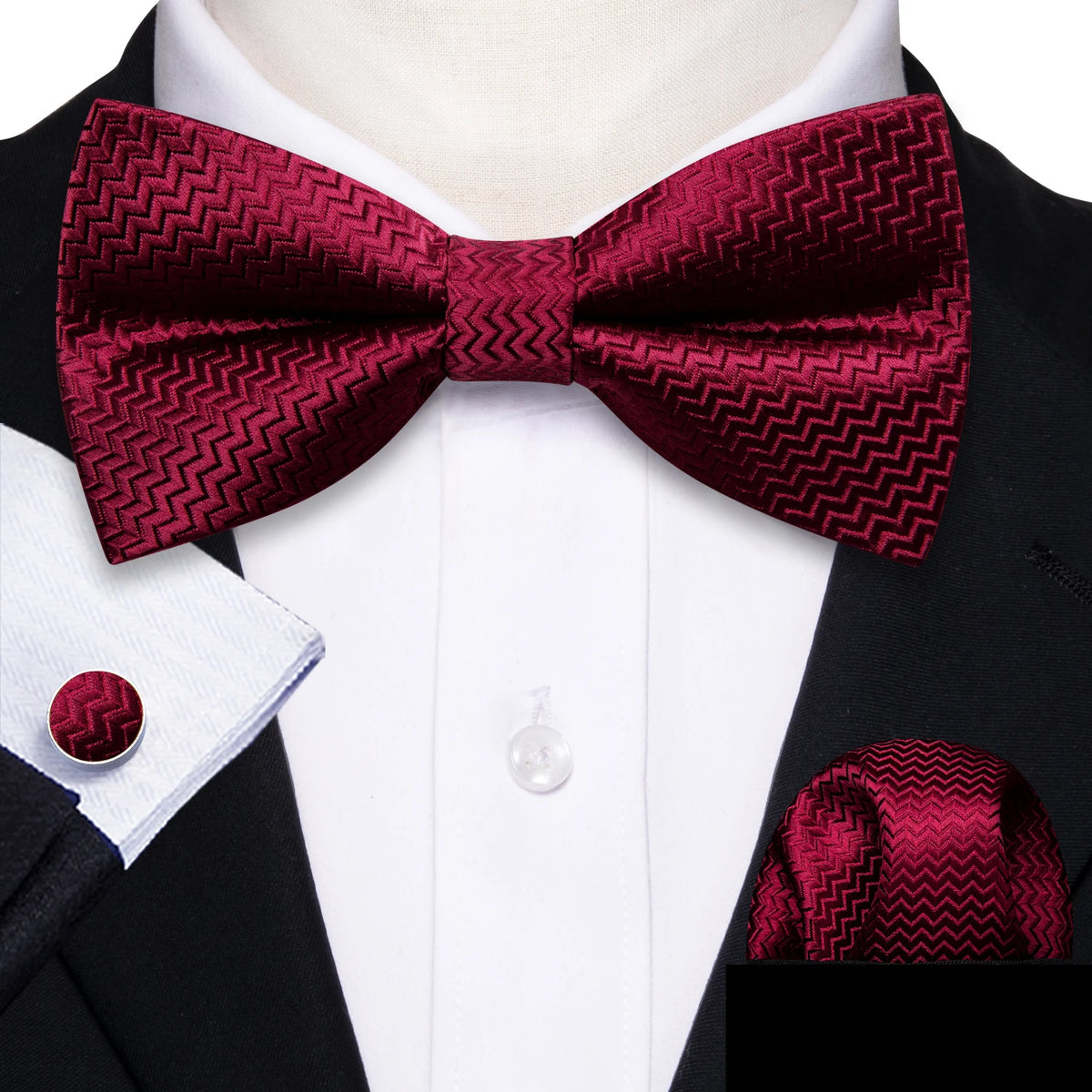 Formal Black Bow Tie Set with Pocket Square and Cufflinks