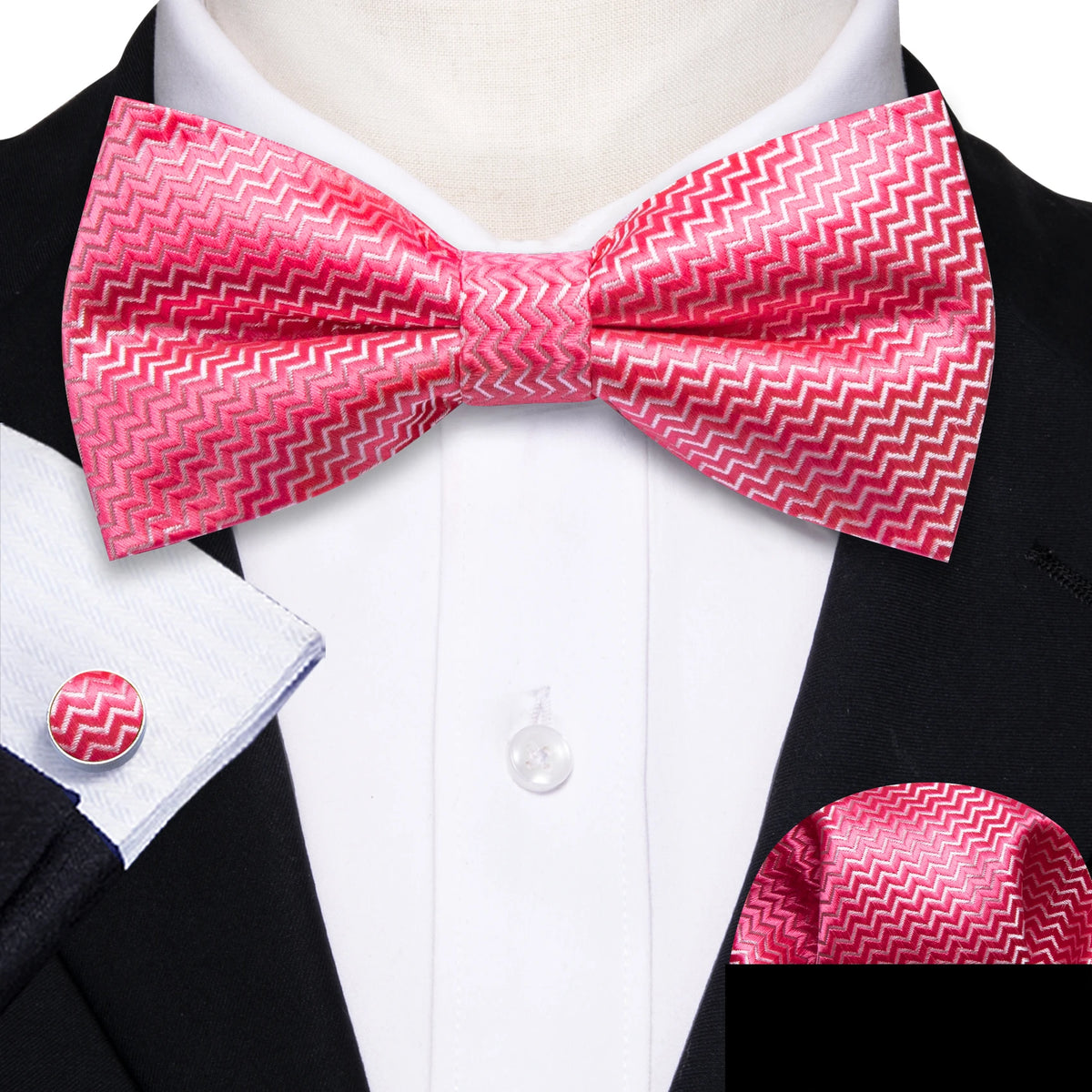 Formal Black Bow Tie Set with Pocket Square and Cufflinks