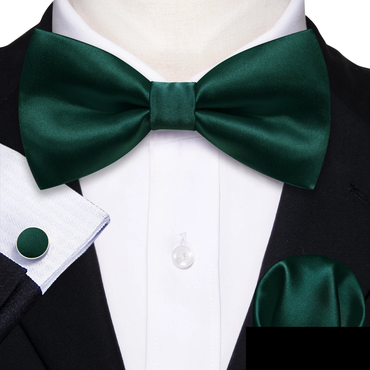 Formal Black Bow Tie Set with Pocket Square and Cufflinks