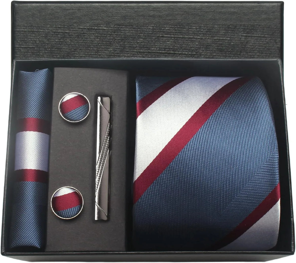 Classic Silk Tie Set with Pocket Square, Cufflinks and Tie Clip