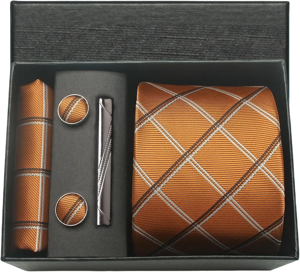 Classic Silk Tie Set with Pocket Square, Cufflinks and Tie Clip