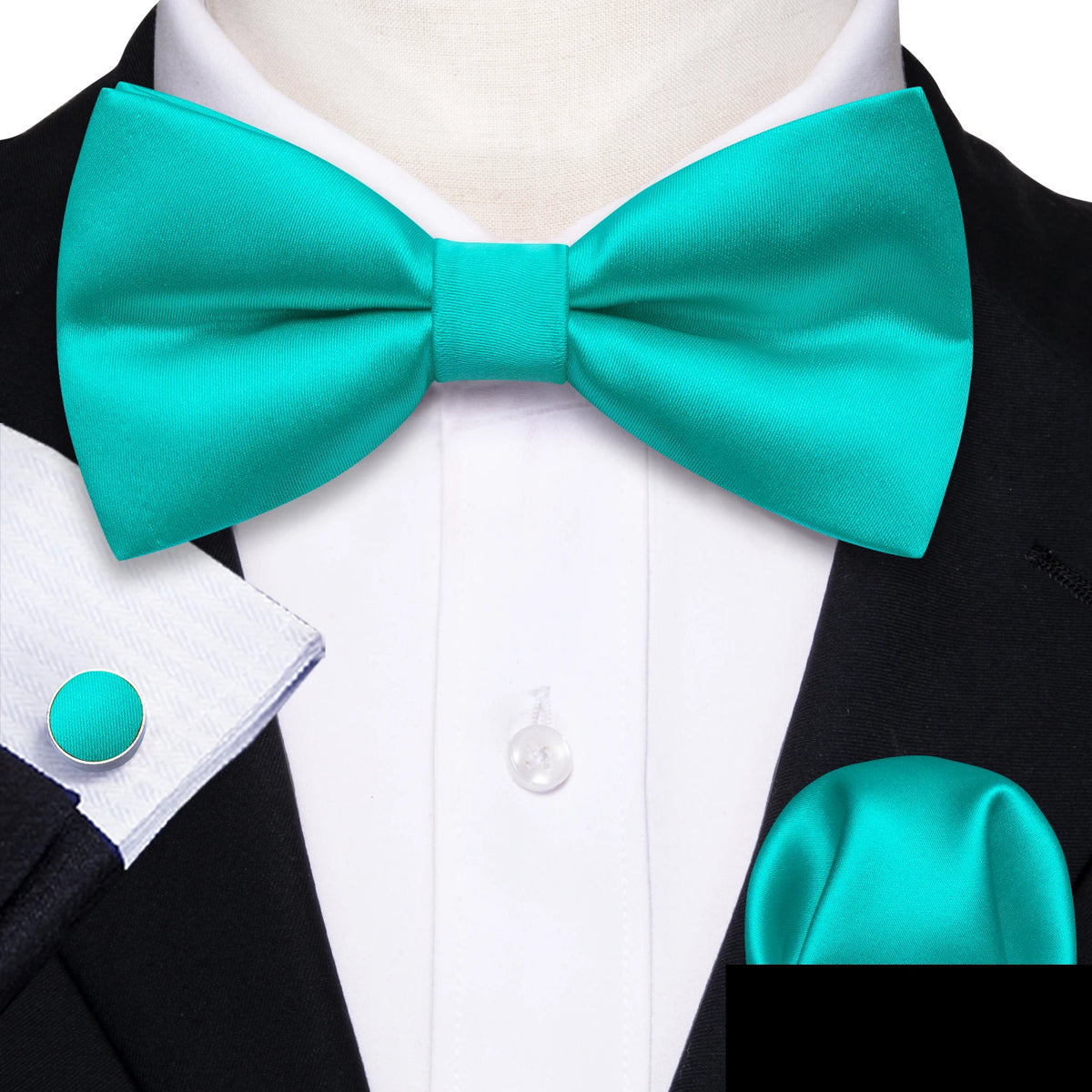 Formal Black Bow Tie Set with Pocket Square and Cufflinks