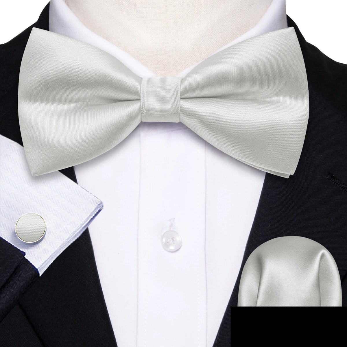 Formal Black Bow Tie Set with Pocket Square and Cufflinks