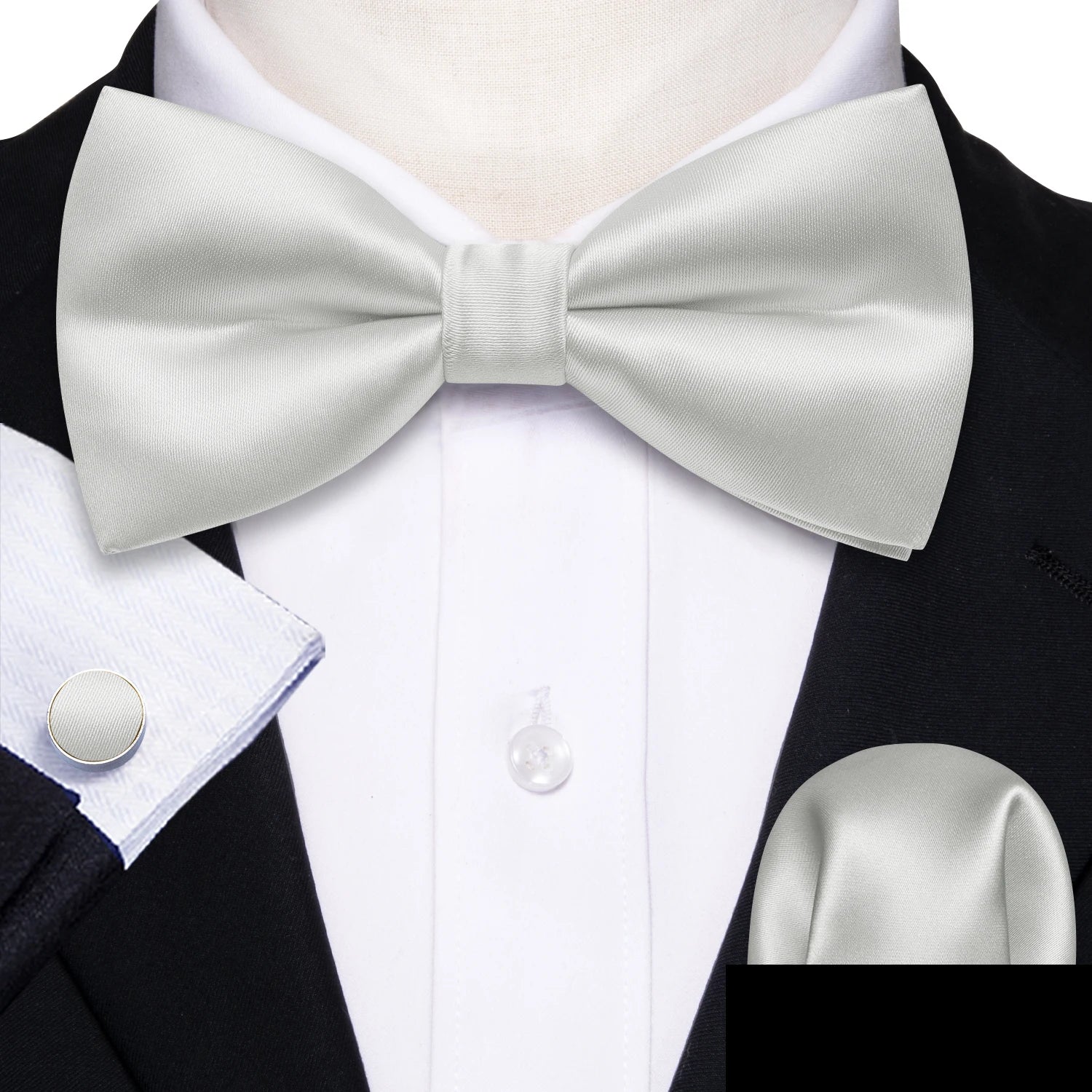 Formal Black Bow Tie Set with Pocket Square and Cufflinks