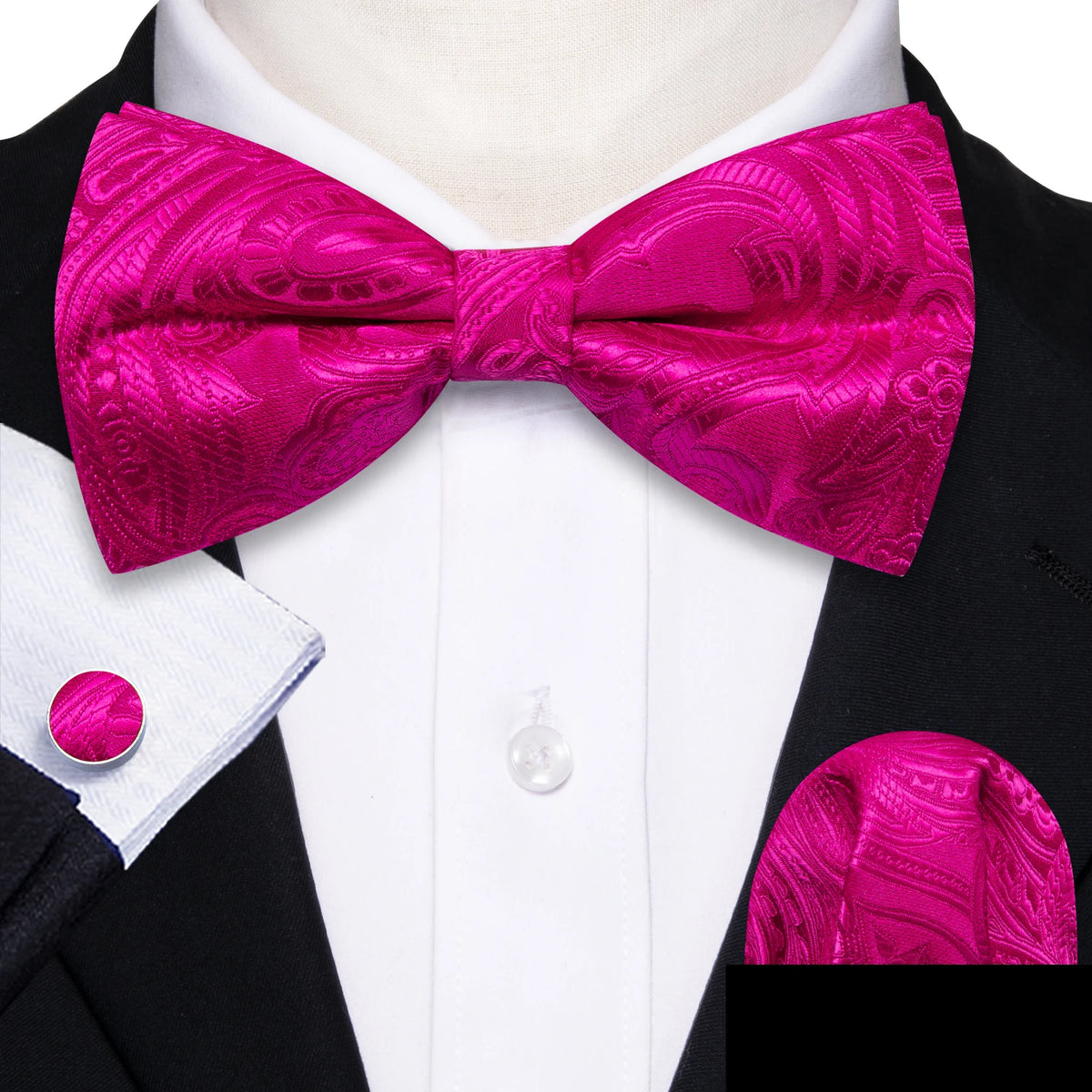 Formal Black Bow Tie Set with Pocket Square and Cufflinks