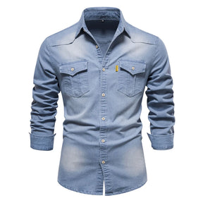 Men’s Spring Long Sleeve Denim Shirt – High-Quality Cotton, Slim Fit