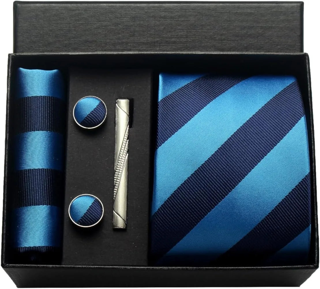 Classic Silk Tie Set with Pocket Square, Cufflinks and Tie Clip