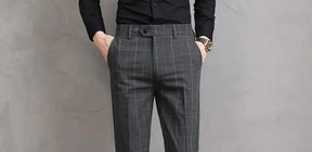Men’s Slim Fit Formal Trousers with Fine Plaid Pattern for Summer