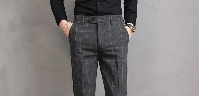 Men’s Slim Fit Formal Trousers with Fine Plaid Pattern for Summer