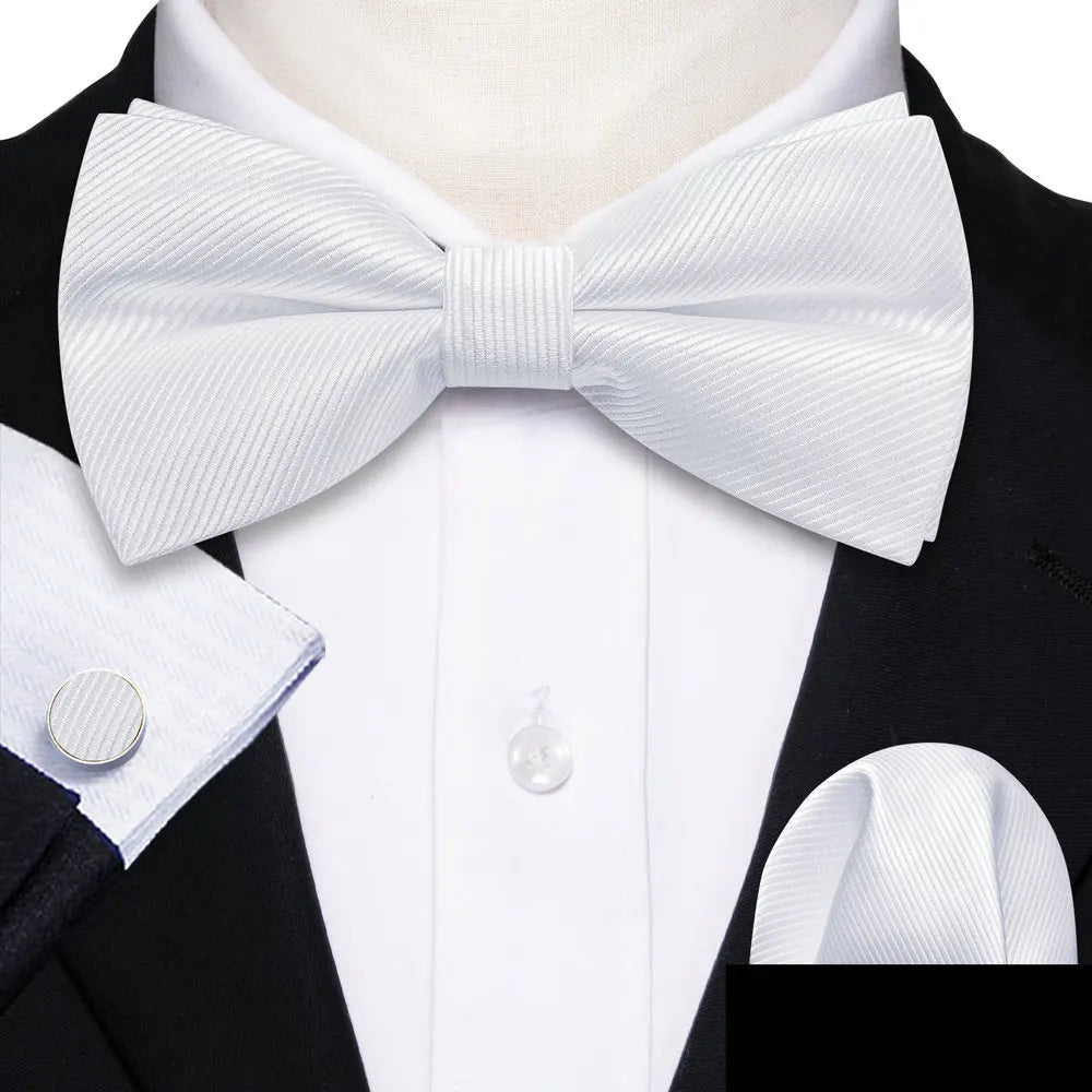 Formal Black Bow Tie Set with Pocket Square and Cufflinks