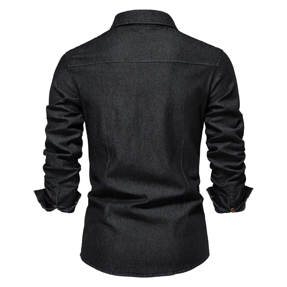 Men’s Spring Long Sleeve Denim Shirt – High-Quality Cotton, Slim Fit