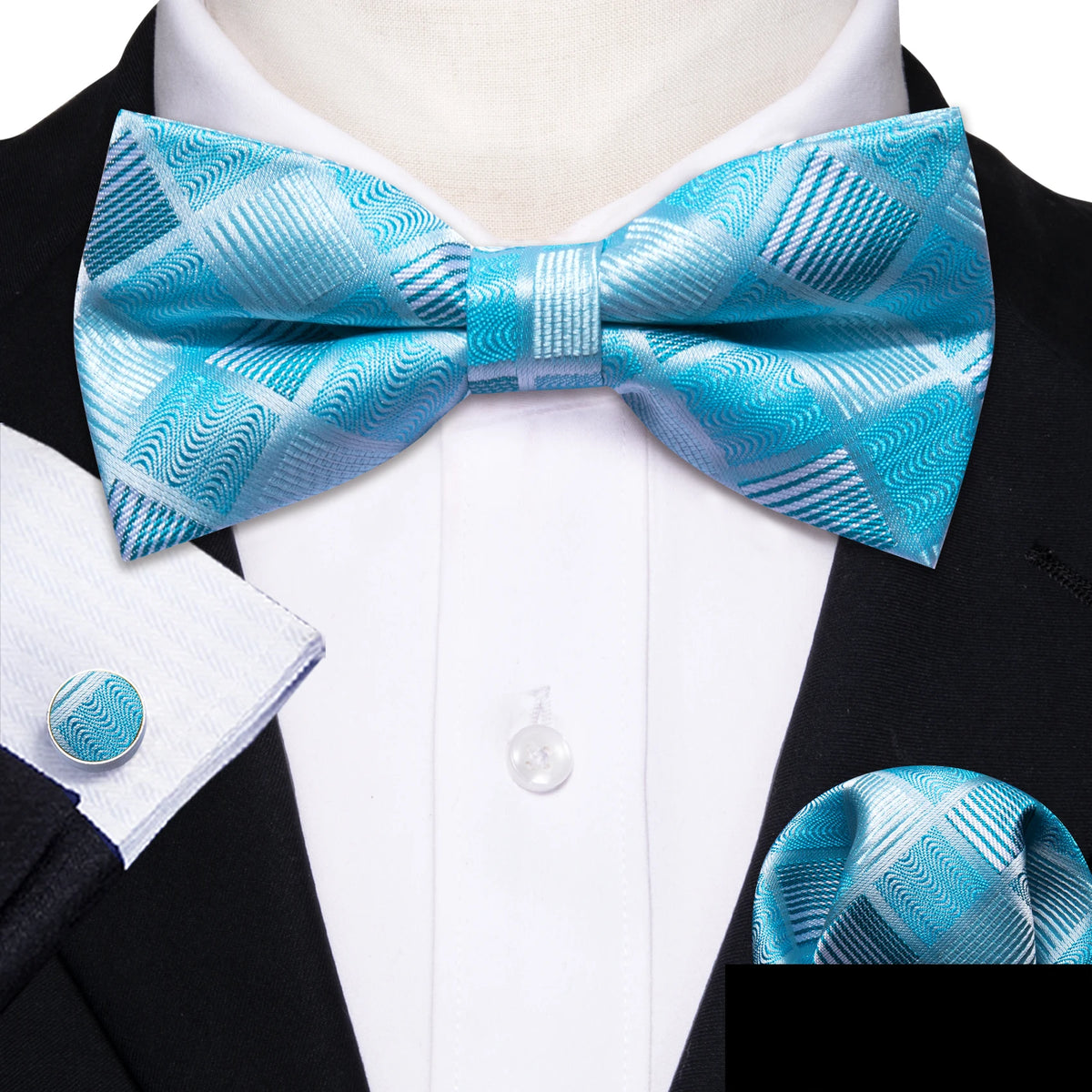 Formal Black Bow Tie Set with Pocket Square and Cufflinks