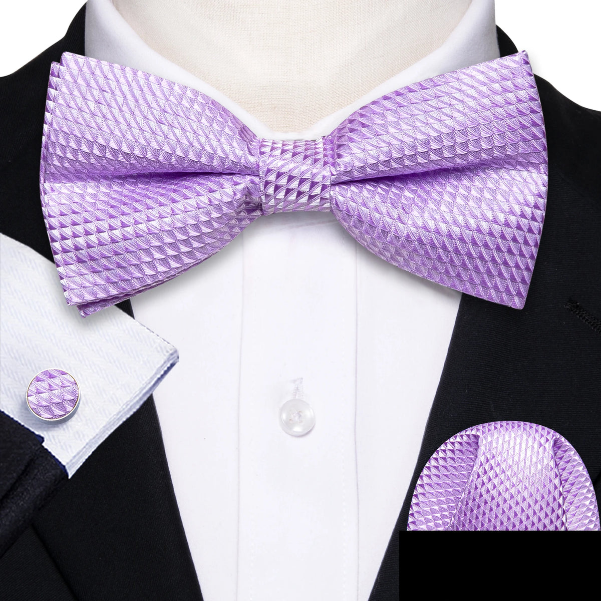 Formal Black Bow Tie Set with Pocket Square and Cufflinks