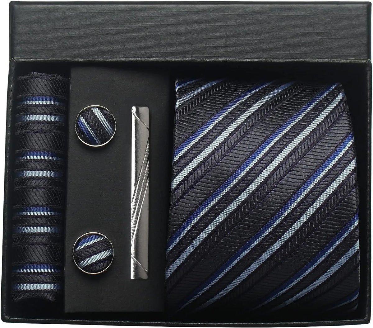 Classic Silk Tie Set with Pocket Square, Cufflinks and Tie Clip