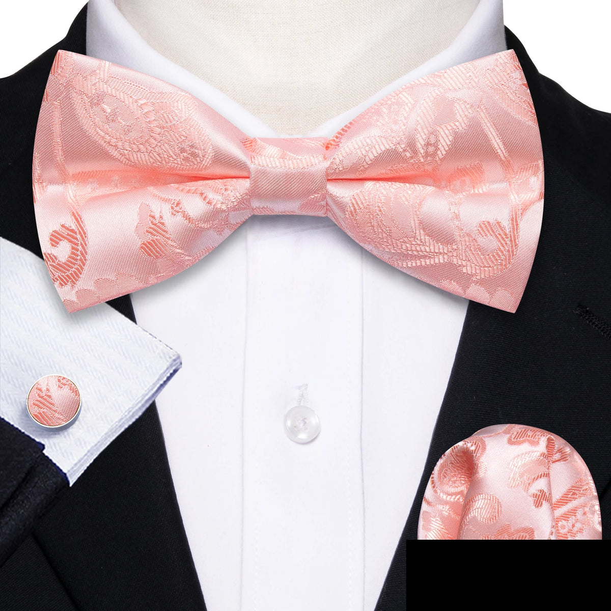 Formal Black Bow Tie Set with Pocket Square and Cufflinks