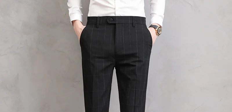 Men’s Slim Fit Formal Trousers with Fine Plaid Pattern for Summer