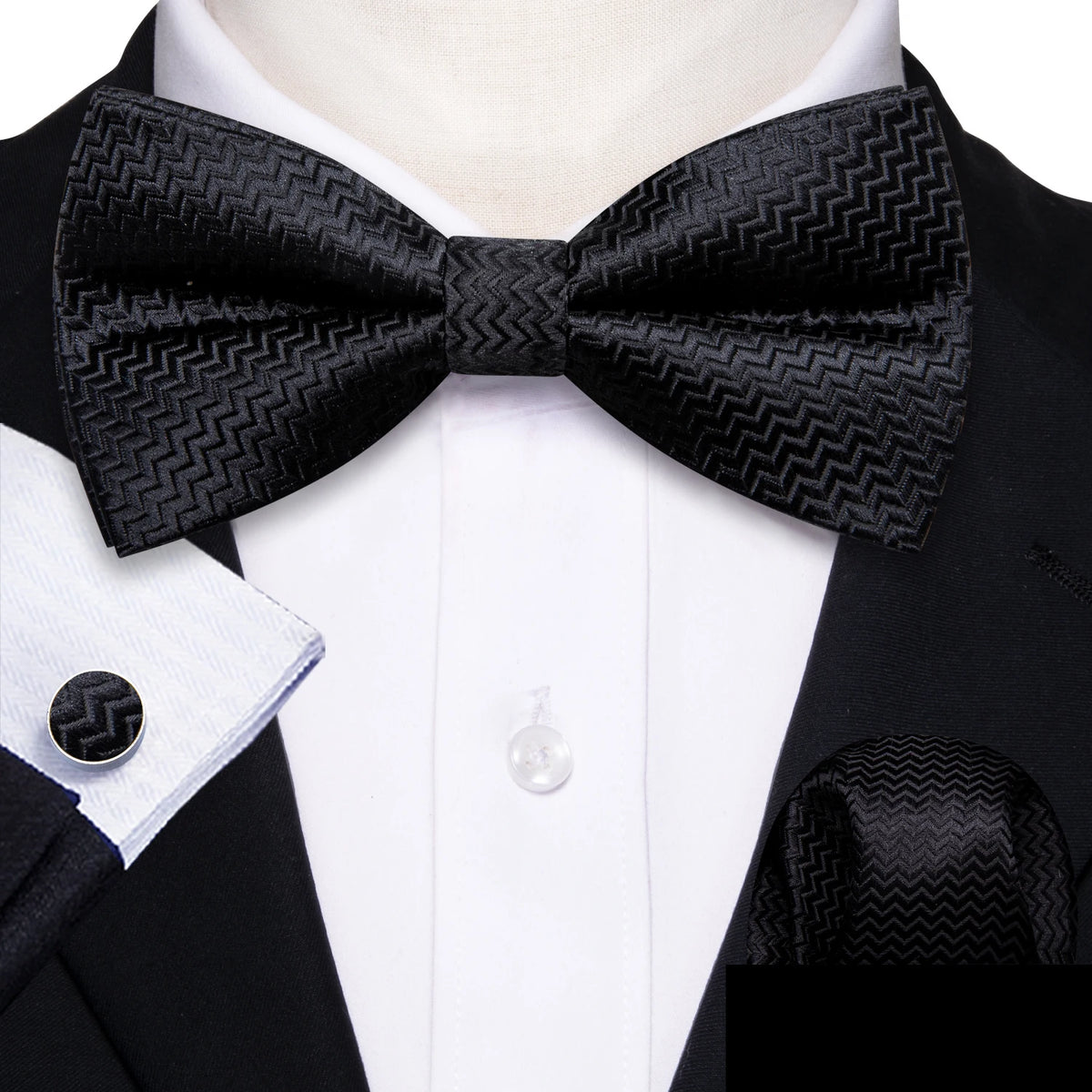 Formal Black Bow Tie Set with Pocket Square and Cufflinks