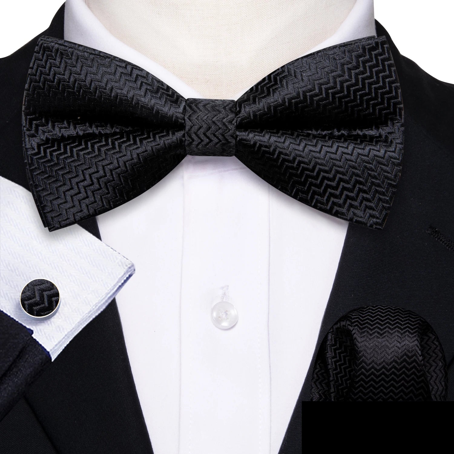 Formal Black Bow Tie Set with Pocket Square and Cufflinks
