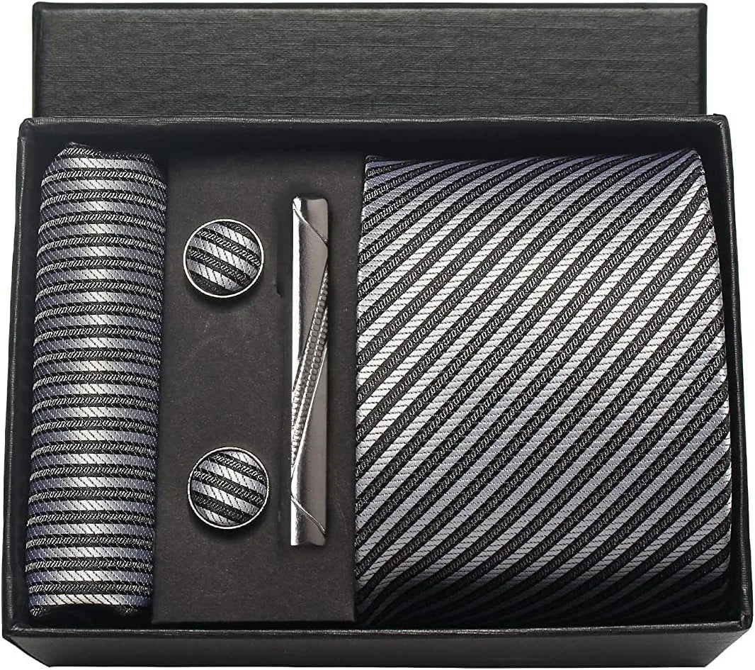 Classic Silk Tie Set with Pocket Square, Cufflinks and Tie Clip